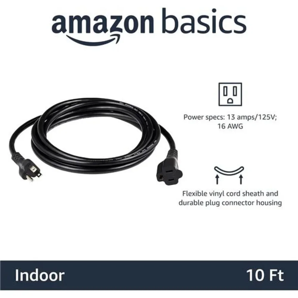 Indoor Extension Cord, 13 Amps, 125V, 10 Foot, Black - Pack of 2